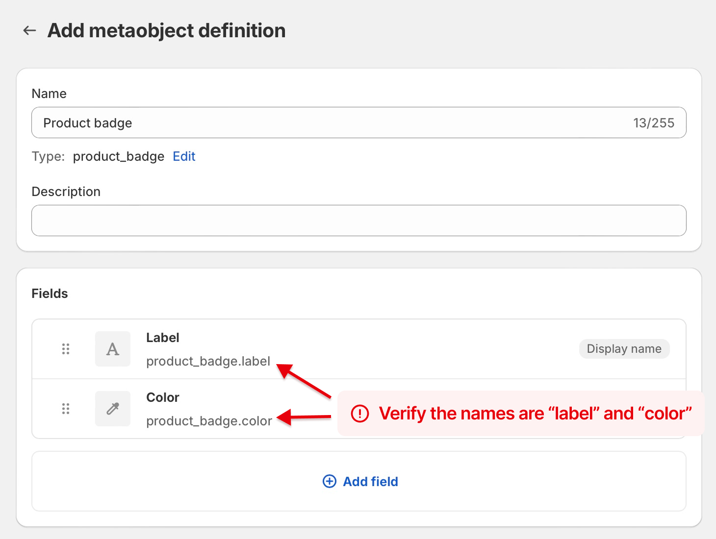 Custom badge metaobject configuration